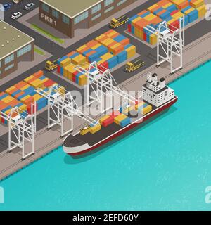 Freight loading dock at harbor wharf with moored cargo barge and stacked containers isometric composition vector illustration Stock Vector