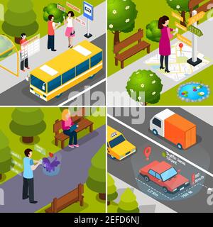 Four square virtual augmented reality 360 degree isometric icon set with people and smartphones vector illustration Stock Vector