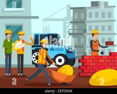 Workers with foreman on construction site building brick wall with urban houses and crane background flat vector illustration Stock Vector