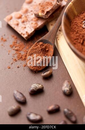 chocolate with hazelnuts, cocoa beans and powder Stock Photo