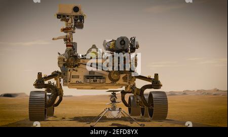 MARS - 2021 - When NASA's Ingenuity Mars Helicopter attempts its first test flight on the Red Planet, the agency's Mars 2020 Perseverance rover will b Stock Photo