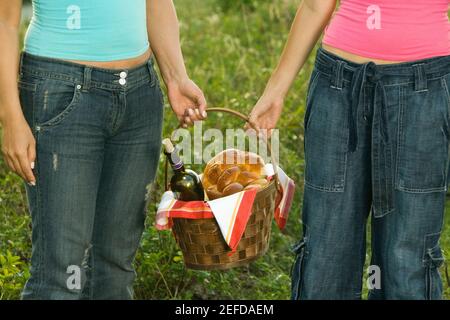 Mid section view of two women holding a picnic basket Stock Photo