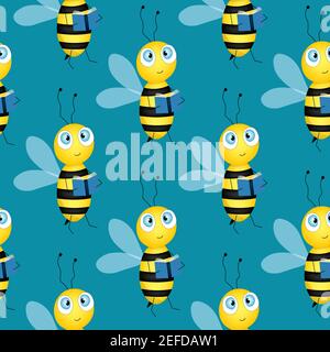 Seamless pattern with bees on blue background. Small wasp. Vector illustration. Adorable cartoon character. Design for invitation, cards, textile Stock Vector