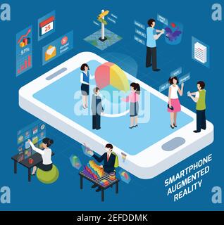 Colored 3d smartphone augmented reality isometric composition with work using a smartphone vector illustration Stock Vector