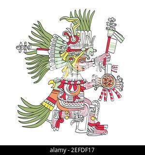 Huitzilopochtli, Aztec god, as depicted in Codex Telleriano-Remensis in 16th century. Deity of war, sun, human sacrifice, patron of Tenochtitlan. Stock Photo