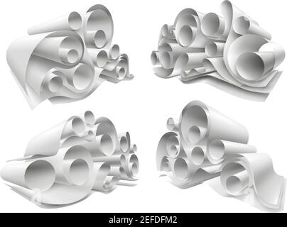 Set of paper rolls from white empty sheets folded in twisted structure 3d mockup isolated vector illustration Stock Vector