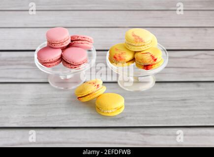 macaroons on glass confectionery stand Stock Photo