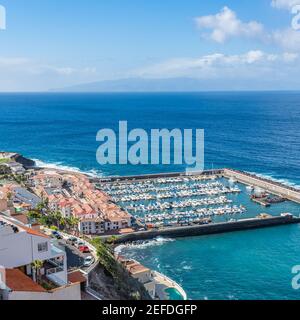 Aerial view of Los Gigantes marina with yachts and boats in Tenerife, Canary islands, Spain Stock Photo