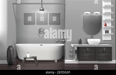 Realistic bathroom interior with white tub and sink, decor on grey wall, vase on floor vector illustration Stock Vector