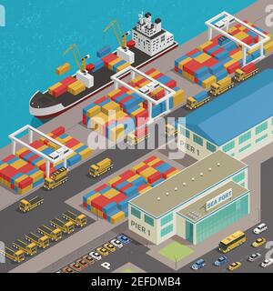 Freight barge moored at harbor wharf quayside pier loading with colorful cargo containers isometric composition vector illustration Stock Vector