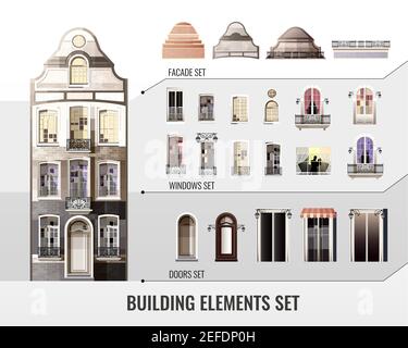 Set of european facade building elements with roofs, windows with curtains, balconies or lanterns, doors vector illustration Stock Vector