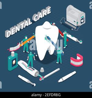 Dental care isometric composition with dentist characters cleaning big healthy tooth by toothbrushes cartoon vector illustration Stock Vector