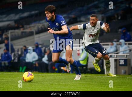 LONDON, ENGLAND - FEBRUARY 04: Chelsea's Marcos Alonso beats Tottenham Hotspur's Carlos Vin?cius during Premiership between Tottenham Hotspur and Chel Stock Photo