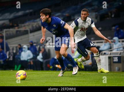 LONDON, ENGLAND - FEBRUARY 04: Chelsea's Marcos Alonso beats Tottenham Hotspur's Carlos Vin?cius during Premiership between Tottenham Hotspur and Chel Stock Photo