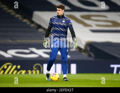 LONDON, ENGLAND - FEBRUARY 04: Chelsea's Kepa Arrizabalaga during the pre-match warm-up  during Premiership between Tottenham Hotspur and Chelsea at T Stock Photo