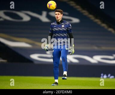 LONDON, ENGLAND - FEBRUARY 04: Chelsea's Kepa Arrizabalaga during the pre-match warm-up  during Premiership between Tottenham Hotspur and Chelsea at T Stock Photo