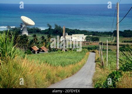 A road passing through lush meadows with a satellite dish at a side, Barbados, Caribbean Stock Photo