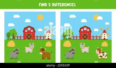 differences educational game with farm animals color book page Stock ...