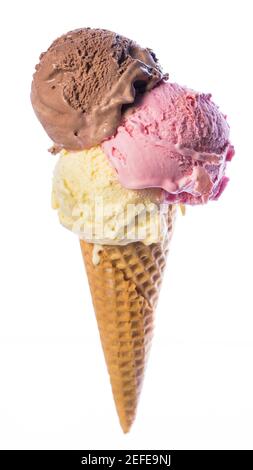 Bag of ice cream with 3 scoops of sweet ice cream (vanilla ice cream, chocolate ice cream, strawberry ice cream) isolated on white background Stock Photo