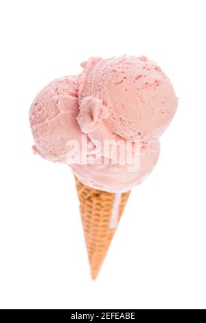 ice cream: An ice cream cone with strawberry ice cream isolated on white background - top view Stock Photo