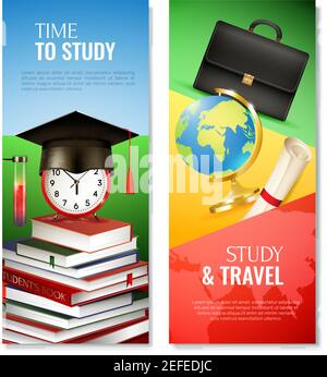 School vertical banners including graduation hat, alarm clock and books, briefcase, scroll and globe isolated vector illustration Stock Vector