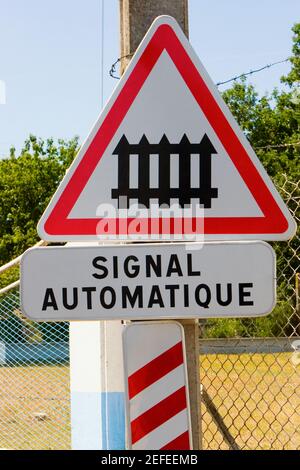 Close up of a railroad crossing signboard, Loire Valley, France Stock Photo