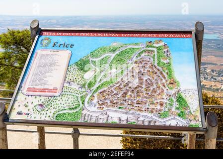 Erice, Sicily, Italy - August 25, 2017: Graphic plan of the city of Erice, city of peace and science Stock Photo