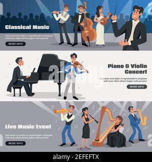 Three horizontal musician banner set with classical music piano and violin concert live music event descriptions vector illustration Stock Vector