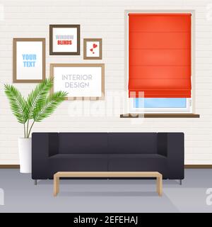 Office room interior with furniture posters for your text on wall and window closed by red roller shutter realistic vector illustration Stock Vector