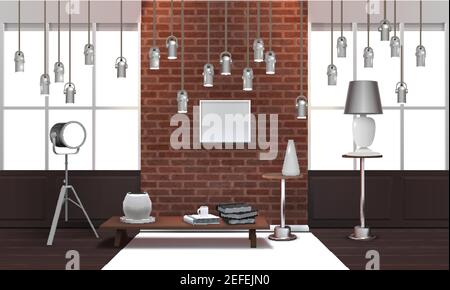 Realistic design loft interior with metal hanging lamps, wooden table, picture frame on brick wall vector illustration Stock Vector