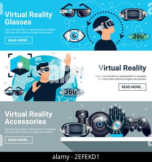 Three horizontal virtual reality banner set with glasses accessories descriptions and read more buttons vector illustration Stock Vector