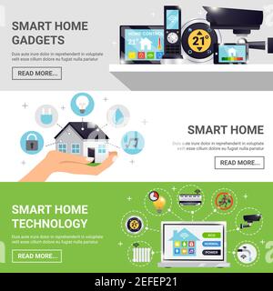 Three horizontal smart home horizontal banner set with smart home gadgets technology and read more buttons vector illustration Stock Vector