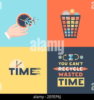 Wasted time concept 4 flat icons square  with useless activities  trash basket and clock symbols vector illustration Stock Vector