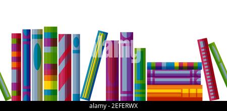 Bookcase shelf seamless pattern. Horizontal pattern with books in cartoon style. Vector illustration on white background Stock Vector