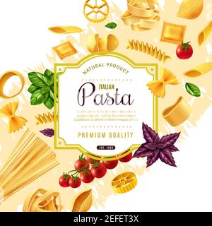 Pasta decorative frame with italian traditional food, tomatoes and basil leaves on beige background 3d vector illustration Stock Vector