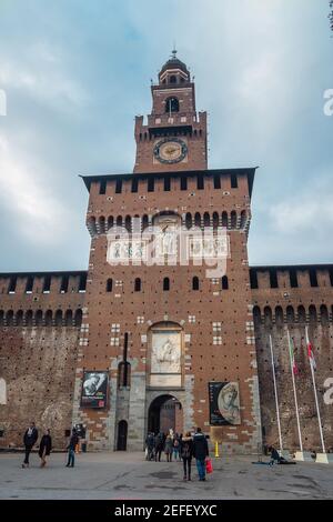 Entrance to the Sforza Castle in Milan, Lombardy Stock Photo
