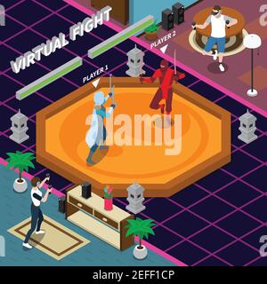 Virtual fight scene including players with electronic equipment gaming warriors on combat zone isometric vector illustration Stock Vector