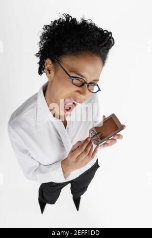 Portrait of a businesswoman operating a hand held device with a digitized pen Stock Photo