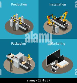 Four square colored electronics factory isometric composition with production installation packaging and marketing descriptions vector illustration Stock Vector