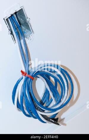 Close-up of a roll of cables coming out from a wall Stock Photo