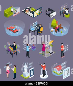 Virtual augmented reality 360 degree elements isometric icons collection with goggles visors smart phones isolated vector illustration Stock Vector