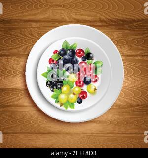 White plate with colorful mix of berry clusters and green leaves on wood background realistic vector illustration Stock Vector