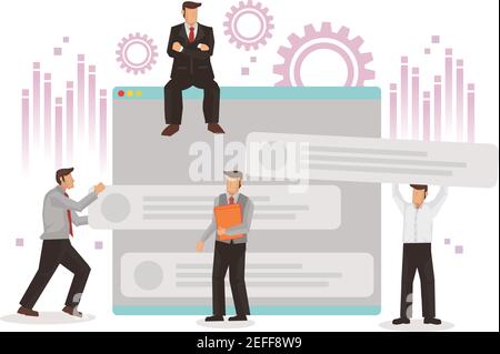 Businessman and designers working on their company web page. Concept of web design, user Interface UI and content organization. Web design development Stock Vector