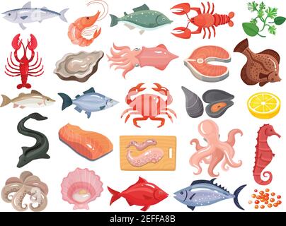 Seafood dinner menu items flat icons big set with crab crayfish oyster mollusk tuna salmon vector illustration Stock Vector