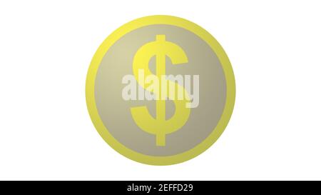 Dollar symbol on flat cartoon yellow coin isolated on white background. Gold dollar icon 2D flat illustration. Stock Photo