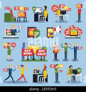 Colored flat annoying intrusive advertisement orthogonal icon set with hot sale buy now descriptions vector illustration Stock Vector