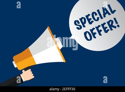 Male hand holding megaphone - special offer in speech bubble Stock Vector