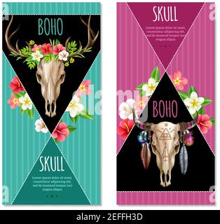 Realistic set of two vertical colorful banners with cow skulls decorated with flowers and feathers in boho style isolated on white background vector i Stock Vector