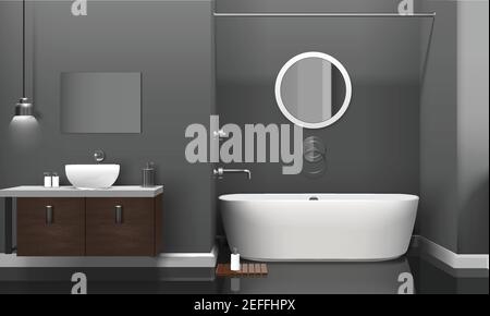 Modern realistic bathroom interior design with white sanitary equipment, shelves on grey wall and mirror vector illustration Stock Vector