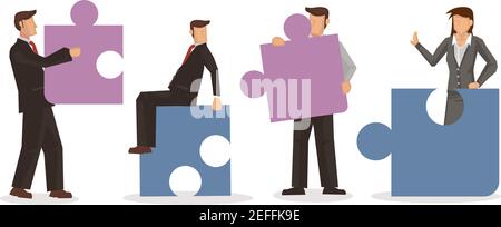 Business people connecting puzzle pieces.Business team metaphor. Concept of teamwork, cooperation or partnership. Flat vector illustration Stock Vector